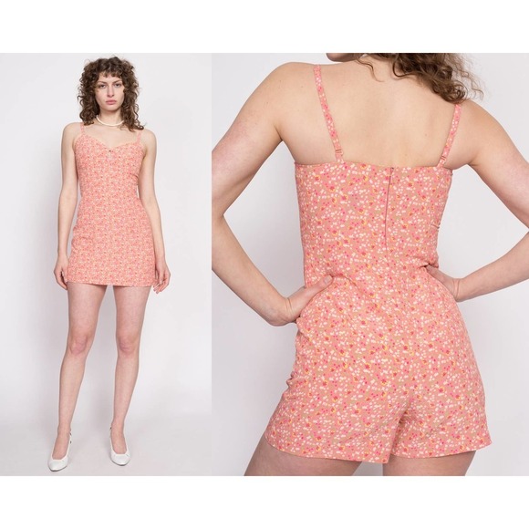 Vintage Express 90s Peach Pink Calico Floral Romper - Extra Small - Picture 1 of 10